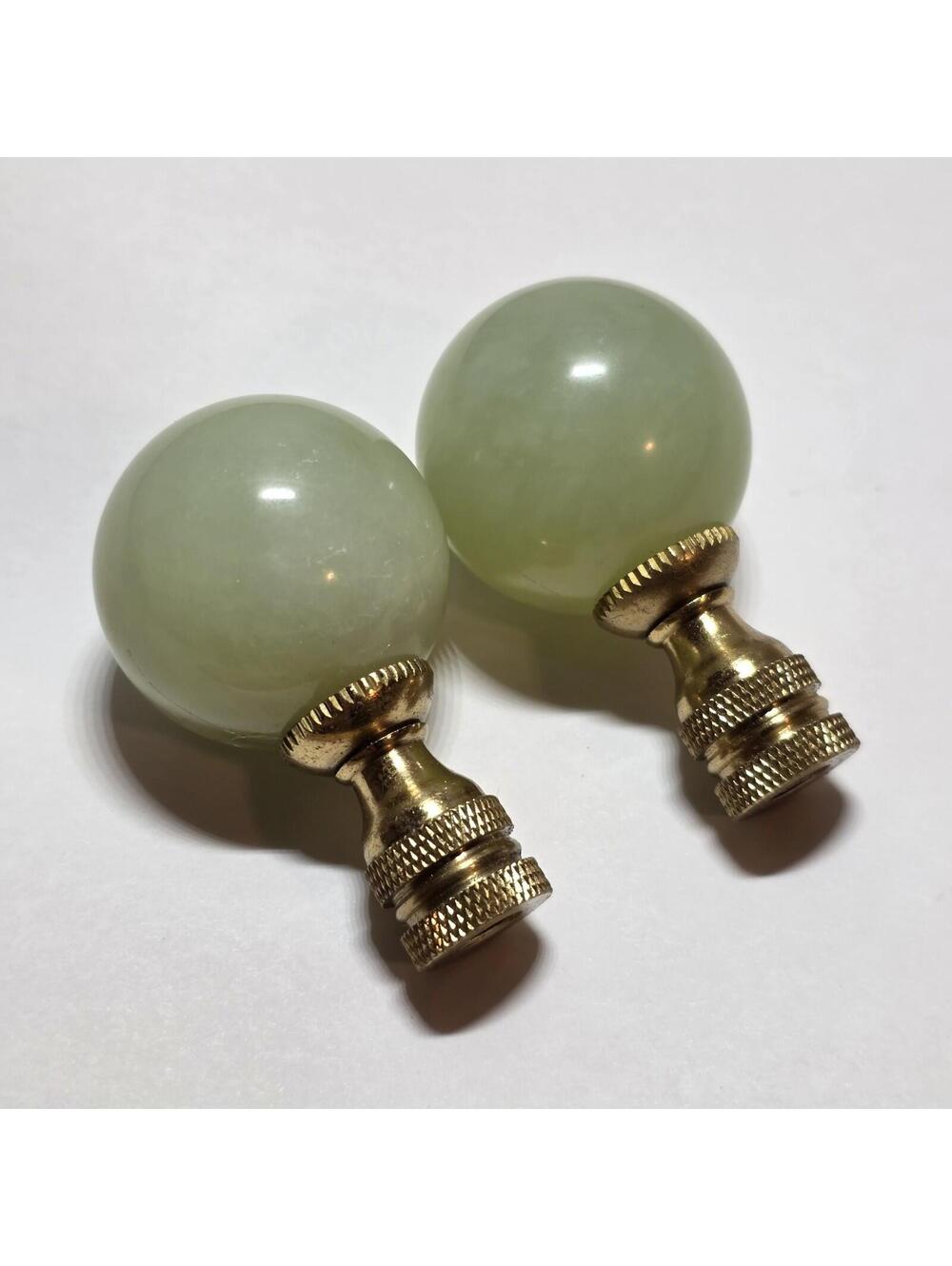Lot Of 2 Green Jade Gemstone Lamp Finials Polished Brass Base EUC